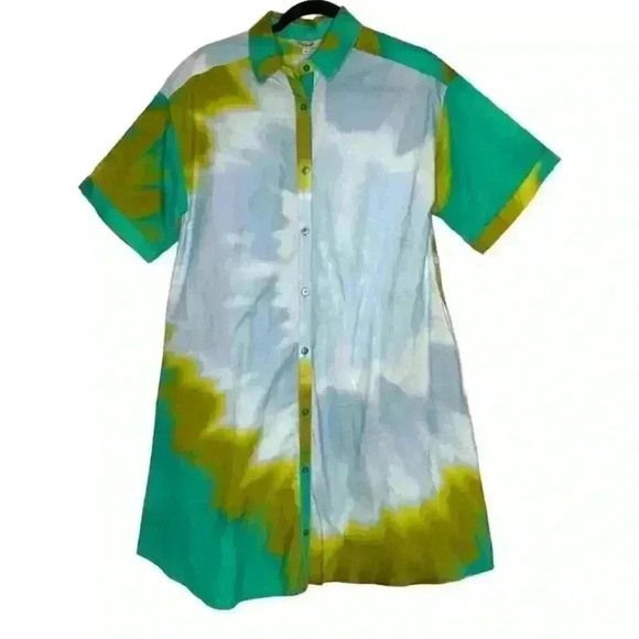 Tucker NYC safari shirtdress-seafoam chartreuse tie dye Oxford cotton sz m 8/10 - Picture 2 of 10